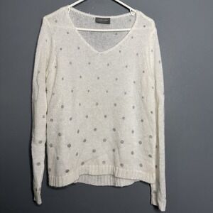 Wooden Ships Women's X/S Beach Sweater White Polka Dots V Neck Fit Open Knit